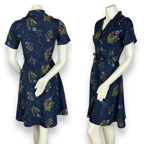 Circus Dress Dandelion Print‎ Navy Blue XS UK Size 8 Retro A-Line Belted Twee - Picture 2 of 12